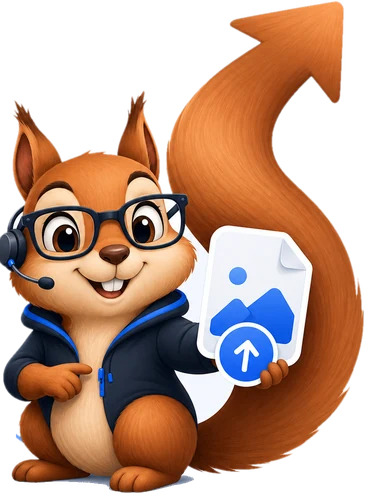 TinyThis-Eichhörnchen mit Brille und Headset hält ein Bild